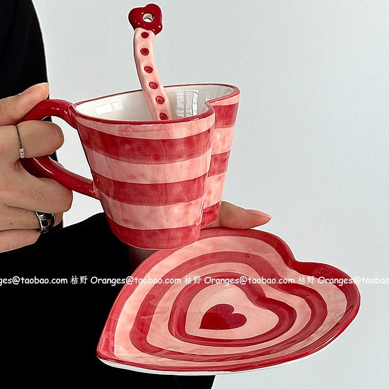 HAND PAINTED RED STRIPE CERAMIC HEART SHAPE