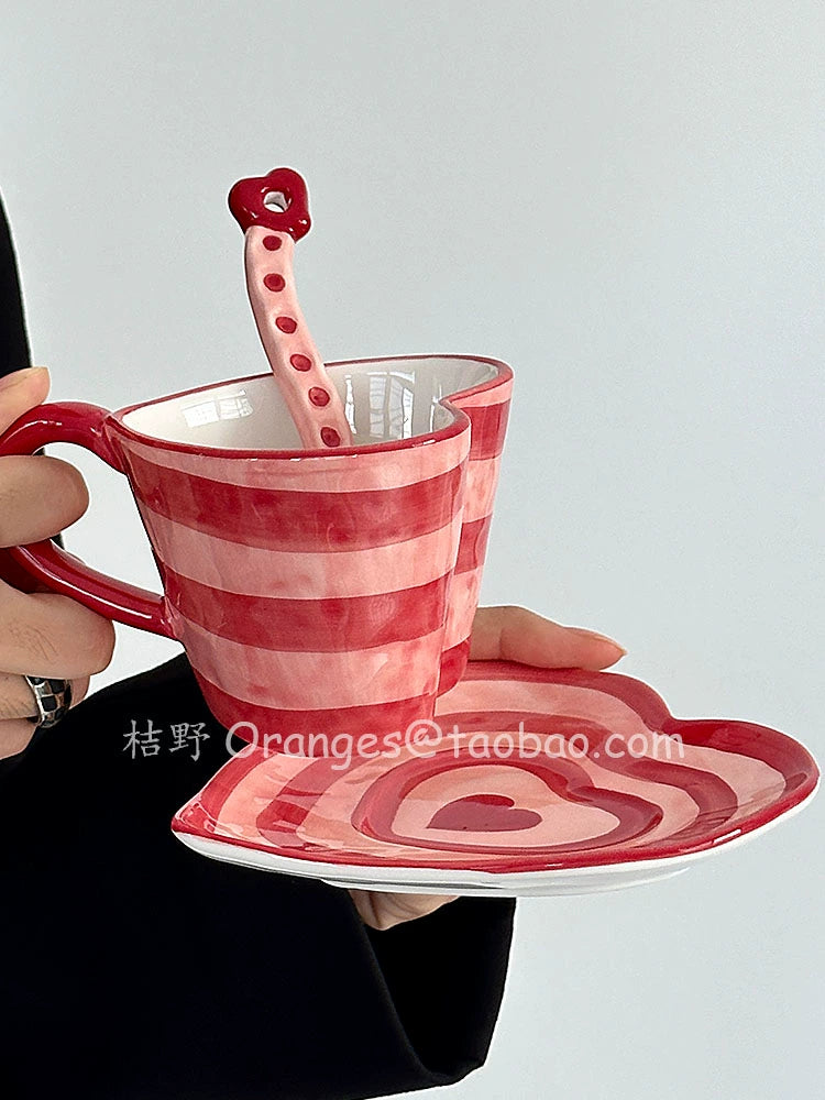 HAND PAINTED RED STRIPE CERAMIC HEART SHAPE