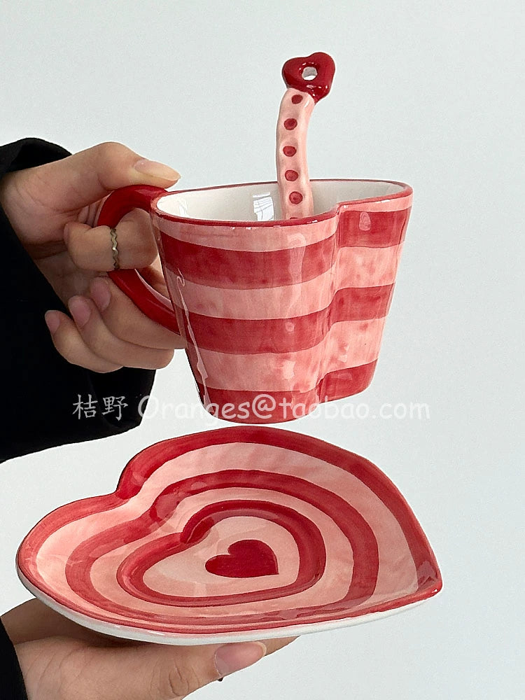 HAND PAINTED RED STRIPE CERAMIC HEART SHAPE