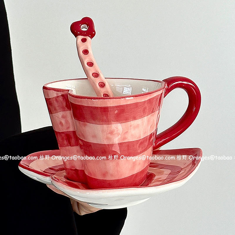 HAND PAINTED RED STRIPE CERAMIC HEART SHAPE