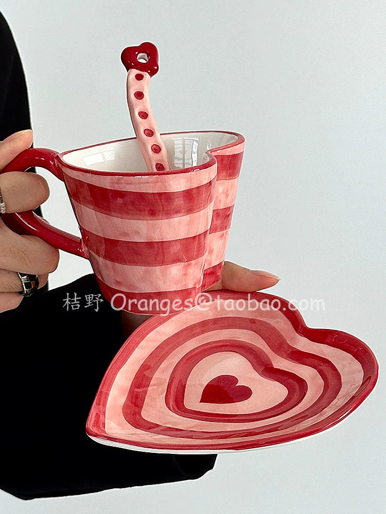 HAND PAINTED RED STRIPE CERAMIC HEART SHAPE